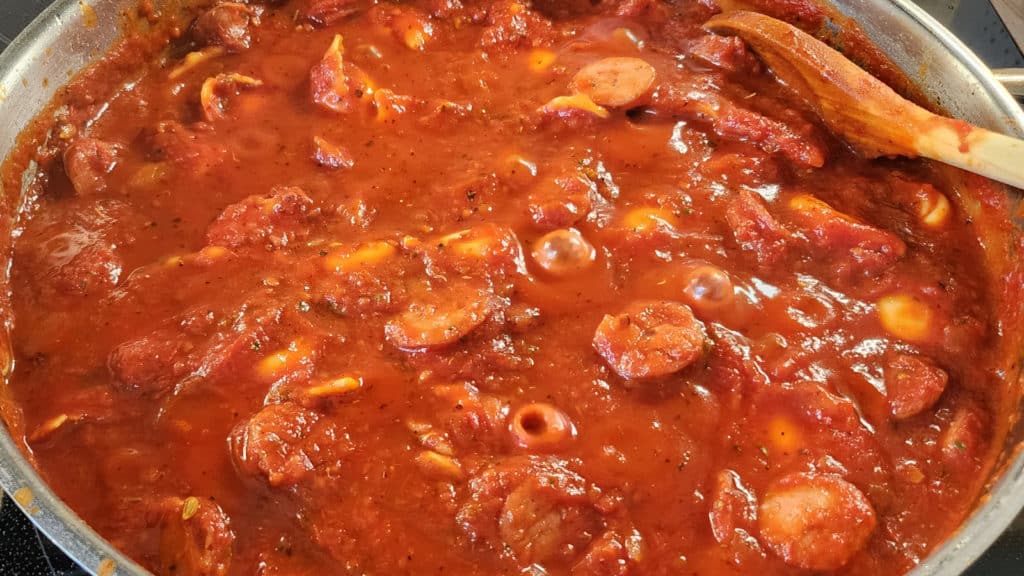 Simmering the sauce for the pasta skillet